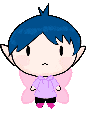 pixel art of a tiny blue haired pixie with pink wings