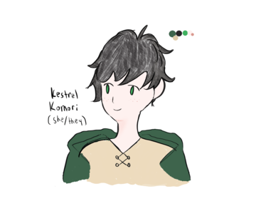 an androgynous mage with short fluffy dark hair and green eyes wearing a beige shirt and green cloak